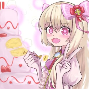 1girl absurdres bad_id bad_pixiv_id cake chaos_marie_(grimms_notes) cleavage_cutout clothing_cutout food grimms_notes highres looking_at_viewer mutuki_conoka open_mouth smile solo v