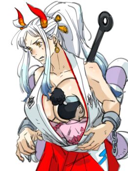 1boy 1girl age_difference aged_down aged_up bare_shoulders breasts carrying horns huge_breasts japanese_clothes kimono kouzuki_momonosuke large_breasts mattsun_(lyohei) mature_female older_female_and_younger_male one_piece onee-shota oni ponytail shota size_difference white_hair yamato_(one_piece) yellow_eyes