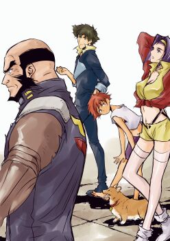 Rule 34 | 2girls, absurdres, barefoot, beard, breasts, cowboy bebop, dog, edward wong hau pepelu tivrusky iv, ein (cowboy bebop), facial hair, faye valentine, hairband, highres, jet black, medium breasts, multiple boys, multiple girls, prosthesis, prosthetic arm, purple hair, simple background, spike spiegel, tobalin, walking, white background, white footwear, yellow hairband