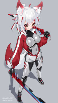 1girl absurdres ahoge animal_ears black_bodysuit black_sclera bodysuit bodysuit_under_clothes breasts colored_sclera commission covered_navel cropped_jacket dual_wielding full_body grey_background grey_bodysuit highres holding holding_sword holding_weapon jacket latex latex_bodysuit looking_at_viewer maguro27 medium_breasts multicolored_bodysuit multicolored_hair original over_shoulder red_hair red_jacket shadow shorts skin_tight solo standing streaked_hair sword tail two-tone_hair variant_set weapon weapon_over_shoulder white_hair yellow_eyes