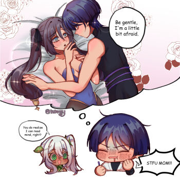 1boy 2girls alternate_skin_color bare_shoulders belt black_belt black_bodysuit black_bow black_hair black_pantyhose blue_eyes blunt_ends blush bodysuit bow boy_on_top bright_pupils closed_eyes collarbone covered_navel cropped_torso dark-skinned_female dark_skin drooling eyelashes flower genshin_impact green_eyes hair_between_eyes hair_bow hair_intakes hair_ornament hand_up hetero highleg highleg_leotard highres holding holding_pen japanese_clothes kimono koviiy leaf leaf_hair_ornament leotard long_hair looking_at_another loose_hair_strand lying mind_reading mona_(genshin_impact) mouth_drool multiple_girls nahida_(genshin_impact) on_back on_bed open_mouth pantyhose pen purple_hair purple_leotard purple_sash rose sash scaramouche_(genshin_impact) side_ponytail sidelocks spoken_character teeth twintails upper_teeth_only wanderer_(genshin_impact) white_hair white_kimono white_pupils yukadon