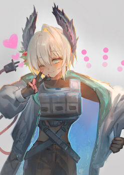 1girl absurdres arknights bird_girl black_feathers black_gloves blue_eyes blush cable cable_tail commentary_request dark-skinned_female dark_skin electric_plug electric_plug_tail extra_arms feather_hair feathers flower gloves grey_hair hair_between_eyes hair_flower hair_ornament head_wings heart highres jacket looking_at_viewer mechanical_tail multicolored_gloves myluche one_eye_closed pink_gloves quadruple_v raidian_(arknights) short_hair smile solo tail two-tone_gloves unusually_open_eyes v white_background wings