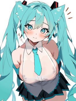 1girl animal_ears aqua_eyes aqua_hair aqua_necktie armpit_crease bare_shoulders blush breasts cat_ears coco_irasuto commentary detached_sleeves grey_shirt hair_between_eyes hatsune_miku highres large_breasts long_hair looking_at_viewer necktie notice_lines shirt sideboob skindentation skirt smile solo thigh_gap thighhighs thighs translated twintails very_long_hair vocaloid white_shirt