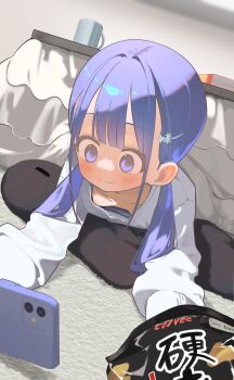 1girl areola_slip breasts cellphone downblouse hair_ornament hayakawa_sena_(pei_iriya) highres kotatsu original pei_iriya phone small_breasts solo table under_kotatsu under_table