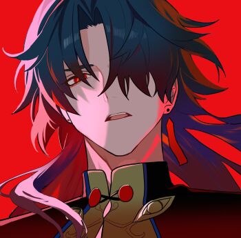 1boy blade_(honkai:_star_rail) collared_shirt earrings floating_hair gradient_hair hair_over_one_eye hashtag-only_commentary hazozoyaku highres honkai:_star_rail honkai_(series) jewelry long_hair looking_at_viewer male_focus mandarin_collar multicolored_hair one_eye_covered open_mouth parted_bangs parted_hair red_background red_eyes shirt simple_background single_earring solo tassel tassel_earrings teeth tongue upper_teeth_only