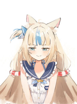 Rule 34 | 1girl, ahoge, animal ear fluff, animal ears, blonde hair, blue eyes, blue hair, cat ears, closed mouth, commentary, dress, facing viewer, highres, indie virtual youtuber, lifebuoy, lifebuoy hair ornament, long hair, looking to the side, malvar, multicolored hair, sailor collar, sailor dress, sameko saba, side ponytail, sidelocks, simple background, smile, solo, streaked hair, swim ring, symbol-only commentary, upper body, virtual youtuber, white background, white dress, white hair