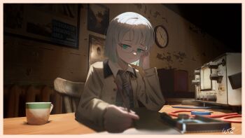 1girl absurdres aqua_eyes chair clock commentary_request cup glasses highres holding indoors long_sleeves medium_hair necktie original scenery sitting solo table whenthesunrise white_hair