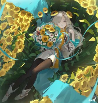 1girl blue_flower boots bouquet brown_eyes brown_pantyhose closed_mouth commentary_request cropped_jacket dress field flower flower_field from_above full_body grey_hair hair_over_one_eye highres isekaijoucho jacket kamitsubaki_studio long_sleeves lying on_back open_clothes open_jacket pantyhose red_flower signature skirt smile solo sunflower tlseone white_boots white_flower white_jacket white_skirt wide_sleeves yellow_dress yellow_flower