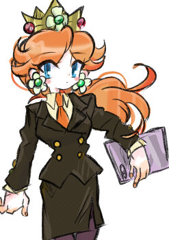 1girl absurdres black_jacket black_skirt blue_eyes brown_hair crown earrings flower_earrings highres jacket jewelry long_hair looking_at_viewer mario_(series) necktie nintendo orange_necktie pencil_skirt princess_daisy rakugaki_shitagari-ya simple_background skirt white_background