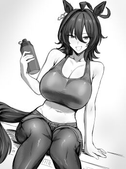 1girl :d agnes_tachyon_(umamusume) ahoge animal_ears bottle breasts chemical_structure cleavage commentary dutch_angle earrings greyscale hair_between_eyes highres holding holding_bottle horse_ears horse_girl horse_tail huge_ahoge jewelry large_breasts looking_at_viewer medium_hair megao_3rd monochrome open_mouth pantyhose shorts simple_background single_earring sitting smile solo sports_bra tail umamusume water_bottle white_background