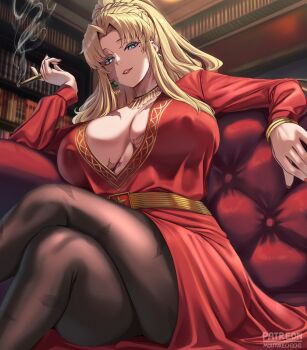 1girl balalaika_(black_lagoon) black_lagoon black_pantyhose blonde_hair blue_eyes bookshelf bracelet braid breasts center_opening cigar commentary covered_erect_nipples crossed_legs dress earrings english_commentary from_below gold_earrings gold_necklace highres holding holding_cigar indoors jewelry large_breasts long_hair long_sleeves looking_at_viewer moisture_(chichi) mole mole_under_eye necklace pantyhose parted_bangs parted_lips ponytail ponytail_with_braided_base red_dress red_nails robe scar scar_across_eye scar_on_breasts scar_on_chest scar_on_face scar_on_leg sidelocks sitting smile smoking solo teeth thighs