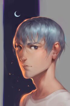 1boy black_eyes choppy_bangs closed_mouth commentary crescent_moon english_commentary grey_background grey_hair hair_between_eyes lips looking_at_viewer lydialing_draws male_focus moon nose original portrait realistic shirt short_hair sketch solo white_shirt