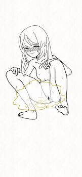 1girl animated animated_gif bar_censor barefoot blush breasts censored closed_eyes collarbone gorg_(pixiv_120997209) hands_on_own_knees loli monochrome navel nipples nude original peeing pussy small_breasts spot_color spread_legs squatting sweat trembling