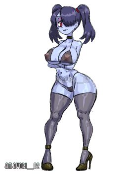 1girl 4m4y0r1 amayori bikini blue_hair bra breasts choker crossed_arms high_heels large_breasts one_eye_covered red_eyes simple_background skullgirls squigly_(skullgirls) string_bikini swimsuit thighhighs thong twintails underwear white_background zombie