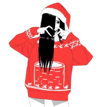 1girl bags_under_eyes black_eyes black_hair christmas christmas_sweater commentary english_commentary four-finger_heart_hands fur-trimmed_headwear fur_trim ghost_girl hair_over_eyes hair_over_one_eye hat heart heart_hands highres red_hat red_sweater santa_hat sweater the_ring virtuware white_background yamamura_sadako