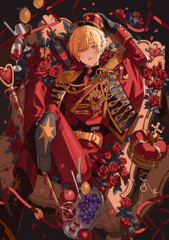 1boy alcohol bishounen black_shirt blonde_hair blush bottle collared_shirt commentary_request crown cup drinking_glass epaulettes flower food fruit grape_vine grapes hair_between_eyes highres jacket key long_sleeves looking_at_viewer male_focus military_uniform nana_tetra necktie original pants parted_lips petals pomegranate red_eyes red_flower red_jacket red_necktie red_pants red_ribbon red_rose red_theme red_wine ribbon rose rose_petals shirt short_hair solo wine wine_bottle wine_glass