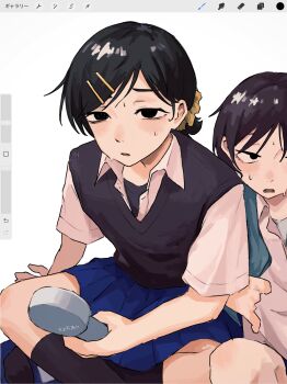 2girls art_program_in_frame black_eyes black_hair black_socks black_sweater_vest blue_skirt blush collared_shirt commentary futsuu_no_keion-bu hair_ornament hair_scrunchie hairpin handheld_electric_fan hatono_chihiro highres hot indian_style kouyama_rin kusakabe_(kskb_e) multiple_girls parted_bangs parted_lips pixie_cut pleated_skirt ponytail procreate_(software) sanpaku school_uniform scrunchie shirt short_hair short_ponytail short_sleeves simple_background sitting skirt socks summer_uniform sweat sweater_vest symbol-only_commentary undershirt white_background white_shirt wing_collar