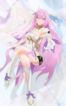 1girl absurdres bare_shoulders black_shorts boots breasts chinese_commentary commentary_request corset crossed_legs elysia_(herrscher_of_human:_ego)_(honkai_impact) elysia_(honkai_impact) gloves highres honkai_(series) honkai_impact_3rd large_breasts long_hair pink_hair purple_eyes qiannai_live reaching reaching_towards_viewer shorts solo thighs triquetra veil very_long_hair white_boots white_corset white_gloves white_veil