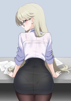 1girl absurdres ass back black_pantyhose black_skirt blonde_hair blush bra_visible_through_clothes character_request from_behind glasses highres leaning_on_table long_hair looking_at_viewer looking_back maplestory oldsickkim open_mouth pantyhose pantylines round_eyewear shirt simple_background skirt solo white_shirt