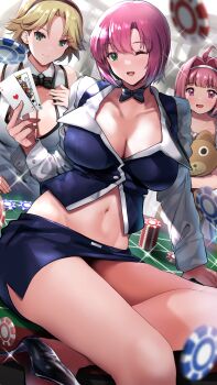 3girls blonde_hair breasts card highres large_breasts multiple_girls pink_hair poker_chip rio_rollins smile super_blackjack