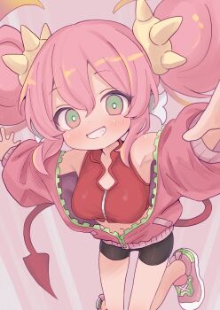 Rule 34 | 1girl, armpits, bike shorts, blonde hair, blush, breasts, commentary, crop top, cropped vest, demon girl, demon tail, duel monster, green eyes, grin, hair between eyes, hair ornament, highres, jacket, ki-sikil (yu-gi-oh!), live twin ki-sikil, long hair, long sleeves, looking at viewer, medium breasts, midriff, multicolored hair, navel, off shoulder, pink background, pink hair, pink jacket, pink shoes, shoes, sidelocks, smile, sneakers, solo, tail, takatsurt, teeth, twintails, two-tone hair, vest, yu-gi-oh!, zipper