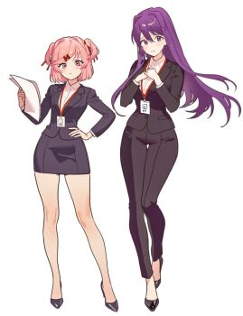 2girls aged_up black_jacket black_pants black_skirt commentary_request doki_doki_literature_club formal_clothes hair_ornament hairclip highres holding holding_paper id_card jacket korean_commentary lanyard long_hair multiple_girls natsuki_(doki_doki_literature_club) office_lady pants paper pencil_skirt pink_eyes pink_hair purple_eyes purple_hair shirt short_hair short_twintails simple_background skirt suit thigh_gap twintails white_background white_shirt yuna_4568 yuri_(doki_doki_literature_club)