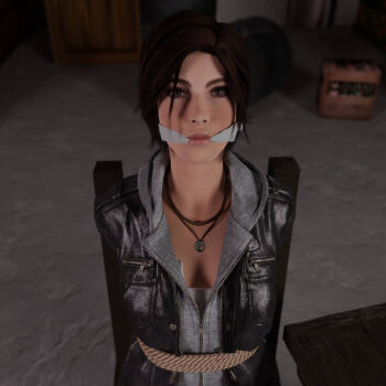 1girl 3d arms_behind_back bdsm bondage bound breasts brown_eyes brown_hair chair cleave_gag cloth_gag gag gagged improvised_gag iorel-renders jewelry lara_croft looking_at_viewer necklace tied_to_chair tomb_raider tomb_raider_(reboot)