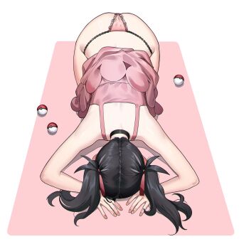 1girl ass bare_shoulders black_choker black_hair choker clothes_lift dogeza dress dress_lift eredhen fingernails full_body hair_ribbon highres lace lace-trimmed_panties lace_trim lingerie long_hair marnie_(pokemon) nintendo no_jacket panties parted_hair pink_dress pink_nails pink_panties pink_ribbon poke_ball poke_ball_(basic) pokemon ribbon simple_background sleeveless sleeveless_dress solo thong twintails two-tone_background underwear white_background