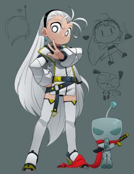 1boy 1girl bell_(ppgd) black_hairband bleedman boots cape closed_mouth dress full_body gir_(invader_zim) gir_(robot)_(invader_zim) grey_background grey_eyes grey_hair hairband highres invader_zim jacket long_hair long_sleeves multiple_views original powerpuff_girls powerpuff_girls_doujinshi red_cape robot smile sword thigh_boots very_long_hair weapon white_dress white_jacket