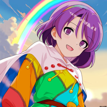 1girl blue_sky cape cloud commentary_request dated day dress hairband long_sleeves looking_at_viewer mist9801km multicolored_dress multicolored_hairband open_mouth patchwork_clothes purple_eyes purple_hair rainbow rainbow_gradient rainbow_hairband sky sky_print smile solo tenkyuu_chimata touhou white_cape