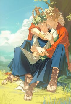 Rule 34 | 2boys, ;), absurdres, ancient greek clothes, arched crown, arm around another's waist, arm around neck, bakugou katsuki, between legs, blonde hair, blue sky, boku no hero academia, bracelet, branch, bright pupils, brown gem, check clothing, choppy bangs, clenched hand, closed mouth, clothing request, cloud, cloudy sky, colored eyelashes, commentary, commentary request, conconcon1031, crown, day, english commentary, freckles, front-to-back, full body, fur shawl, gem, gladiator sandals, glint, gold bracelet, gold crown, grass, greco-roman clothes, green eyes, green hair, hair between eyes, hand on another's arm, hand on another's hand, hand up, happy, head tilt, highres, himation, hug, hug from behind, jewelry, kissing ear, knees apart feet together, knees up, looking at another, looking to the side, male focus, midoriya izuku, mixed-language commentary, multiple boys, official alternate costume, on ground, one eye closed, outdoors, sandals, shawl, short hair, sideways glance, simple bird, sitting, sitting between legs, sky, smile, spiked hair, sunlight, toenails, tree, white pupils, yaoi, yellow crown