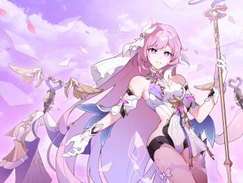 1girl bare_shoulders black_shorts breasts cloud commentary corset crystal_shards diamond-shaped_pupils diamond_(shape) elysia_(herrscher_of_human:_ego)_(honkai_impact) elysia_(honkai_impact) gloves harg56940516 highres holding holding_staff honkai_(series) honkai_impact_3rd large_breasts long_hair looking_at_viewer multicolored_hair pink_hair purple_eyes purple_sky short_shorts shorts sky smile solo staff symbol-shaped_pupils triquetra two-tone_hair veil very_long_hair white_corset white_gloves white_hair white_veil