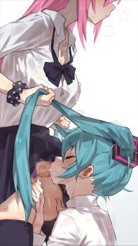 1futa 1girl aqua_hair black_bow black_bowtie black_scrunchie black_thighhighs bow bowtie breasts censored closed_eyes commentary_request fellatio futa_with_female futanari grabbing_another&#039;s_hair grabbing_another&#039;s_twintails gradient_background grey_background hatsune_miku highres holding_another&#039;s_hair irrumatio large_breasts long_hair m_k megurine_luka mosaic_censoring oral penis pink_hair school_uniform scrunchie shirt skirt standing sweat thighhighs twintails vocaloid white_shirt wrist_scrunchie
