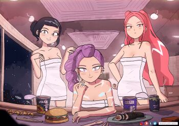 3girls artist_name black_hair body_markings brown_hair burger can instant_cup_noodles drink_can earrings food highres instant_cup_noodles instant_noodles jewelry keetydraws kpop_demon_hunters makizushi mira_(kpop_demon_hunters) multiple_girls naked_towel pink_eyes pink_hair purple_eyes purple_hair rumi_(kpop_demon_hunters) soda_can sushi towel zoey_(kpop_demon_hunters)