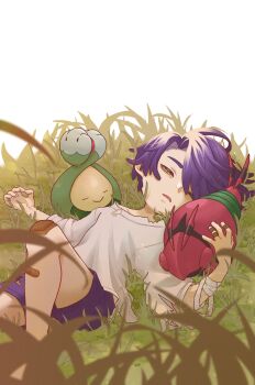 1boy 72marui_neko aged_down arm_up bandaged_arm bandages budew child closed_eyes commentary_request corbeau_(pokemon) crew_neck feet_out_of_frame gen_4_pokemon gen_5_pokemon grass highres holding holding_pokemon lying male_focus nintendo on_back parted_hair parted_lips pokemon pokemon_(creature) pokemon_legends:_z-a purple_hair purple_shorts shirt short_sleeves shorts smile solo torn_clothes torn_shirt venipede white_shirt yellow_eyes