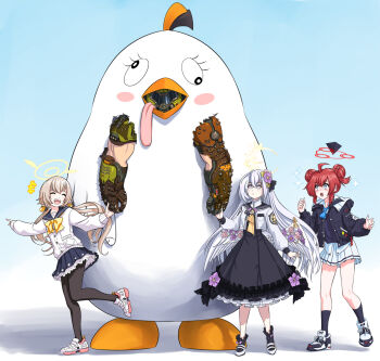 Rule 34 | 1boy, 3girls, ahoge, armor, azusa (blue archive), blue archive, blue eyes, brown hair, crossover, doom (series), doomguy, feathered wings, flower, hair between eyes, hair flower, hair ornament, halo, helmet, hifumi (blue archive), highres, jacket, long hair, low twintails, maki (blue archive), mascot, mascot costume, multiple girls, peroro (blue archive), praetor suit, red hair, red halo, shirt, stuffed animal, stuffed bird, stuffed toy, substance20, twintails, white hair, white wings, wings