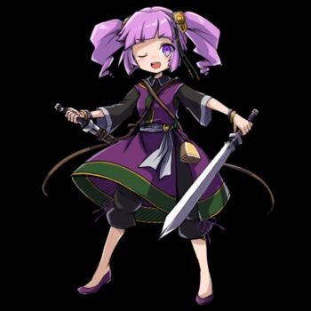 1girl black_background black_pants blunt_bangs blush dress drill_hair dual_wielding flats full_body highres holding holding_sword holding_weapon lanfa_(merc_storia) merc_storia merc_storia_art_team official_art one_eye_closed open_mouth pants pants_under_dress purple_dress purple_hair purple_shoes sash shoes sidelocks simple_background smile solo standing sword tachi-e teeth three-quarter_sleeves twin_drills upper_teeth_only v-shaped_eyebrows weapon