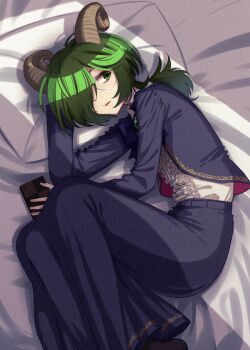 1girl artist_self-insert cellphone freckles glasses goat_horns green_eyes grey_hair hair_over_one_eye horns jimiko long_skirt lying on_side original phone ponytail skirt smartphone solo urin