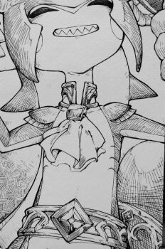 Rule 34 | 1boy, aged down, ascot, belt, blush stickers, closed eyes, greyscale, grin, hyrule warriors: age of calamity, kandori makoto, monochrome, nintendo, sharp teeth, sidon, smile, solo, teeth, the legend of zelda, the legend of zelda: breath of the wild, traditional media, zora