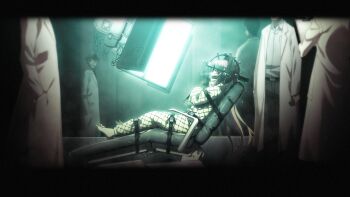 1girl 3boys ball_gag barefoot blonde_hair blurry blurry_background bound bound_arms bound_legs chaos;child constricted_pupils crossed_arms doctor feet from_behind gag gagged game_cg glass glowing hair_between_eyes hair_ribbon highres jacket lab_coat leather_strap monitor multiple_boys official_art one_side_up padded_jacket pain pink_hair reflection restrained ribbon sasaki_mutsumi science_adventure screen screen_light side_ponytail sitting toes torture wide-eyed yamazoe_uki