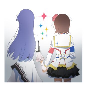 2girls absurdres amami_haruka black_skirt border brown_hair commentary cowboy_shot dress flower from_behind gradient_background grey_background hair_flower hair_ornament highres holding_hands idolmaster idolmaster_(classic) kisaragi_chihaya long_hair long_sleeves multiple_girls pleated_skirt purple_hair red_flower red_rose ringo_ame_(umsf2734) rose shirt short_hair skirt sparkle starpiece_memories_(idolmaster) white_background white_border white_dress white_shirt