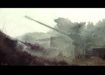 Rule 34 | army, cannon, caterpillar tracks, dirt, dust, forest, grass, letterboxed, mecha, military, military vehicle, motor vehicle, nature, no humans, original, randis, red star, robot, scenery, sky, star (symbol), tank, tree, vehicle focus, war