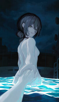 1boy 1girl absurdres amamizu_shizuku black_choker black_hair breasts chainsaw_man choker completely_nude denji_(chainsaw_man) fingernails grenade_pin hair_between_eyes highres holding_hands median_furrow nude pool pool_ladder pov pov_hands reze_(chainsaw_man) small_breasts smile