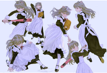 1girl apron baseball baseball_bat baseball_glove black_dress dress feiqizi_(fkey) fkey frilled_apron frills full_body highres kneeling long_hair looking_at_viewer maid maid_apron multiple_expressions multiple_views original pitching puffy_sleeves running simple_background solo standing throwing waist_apron white_apron white_background wrist_cuffs
