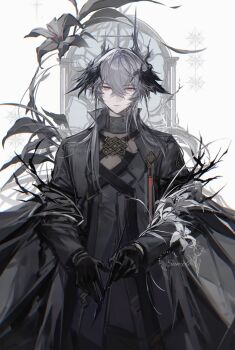 1boy arknights black_coat black_gloves black_wings chunbuchou coat crossed_bangs expressionless flower gloves grey_hair head_wings highres holding holding_paintbrush leaf logos_(arknights) long_sleeves male_focus paintbrush plant red_eyes short_hair solo watermark white_background wings