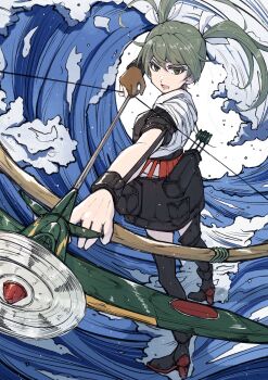 1girl absurdres aircraft airplane black_thighhighs bow_(weapon) brown_eyes commentary_request drawing_bow full_body grey_hair hakama hakama_short_skirt hakama_skirt highres holding holding_bow_(weapon) holding_weapon japanese_clothes kantai_collection kimono ld_(luna_dial398) long_hair quiver red_skirt ribbon skirt solo standing thighhighs twintails waves weapon white_kimono white_ribbon zuikaku_(kancolle)
