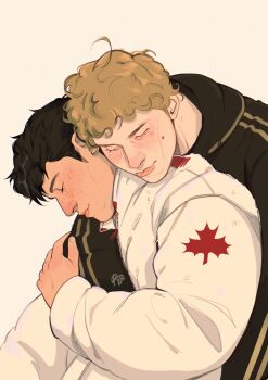 2boys arm_around_shoulder black_hair black_jacket blonde_hair blush closed_eyes closed_mouth commentary curly_hair cursedrivers english_commentary heated_rivalry highres ilya_rozanov jacket leaf male_focus maple_leaf mole multiple_boys shane_hollander short_hair short_sideburns sideburns simple_background striped_clothes striped_jacket upper_body vertical-striped_clothes vertical-striped_jacket white_jacket yaoi