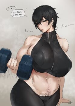1girl abs arm_support armpits bare_shoulders black_eyes black_hair black_pants black_shirt breast_conscious breasts cameltoe curvy dumbbell english_text exercising female_focus female_pubic_hair hand_up huge_breasts kunaboto kurogane_chichiushi looking_to_the_side navel original pants parted_lips pubic_hair pubic_hair_peek shirt short_hair skin_tight sleeveless sleeveless_shirt solo source_request speech_bubble sports_bra sportswear sweatdrop turtleneck weightlifting wide_hips
