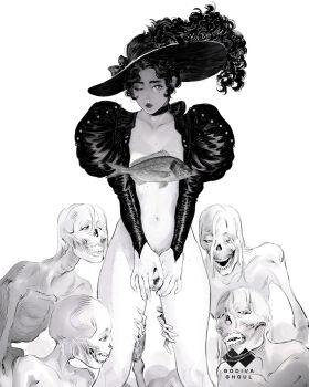 1girl 4others artist_logo artist_name bow bow_choker breasts censored choker closed_mouth collarbone covering_privates cropped_jacket curly_hair eyelashes feet_out_of_frame female_pubic_hair fingernails fish godiva_ghoul greyscale hand_on_another&#039;s_thigh hat hat_bow hat_feather highres jacket juliet_sleeves knees legs_apart lips lipstick logo long_fingernails long_sleeves looking_at_viewer makeup mole mole_under_eye monochrome multiple_moles multiple_others naked_jacket navel nostrils one_eye_closed open_mouth original parted_hair pubic_hair pubic_hair_peek puffy_sleeves sharp_fingernails short_hair simple_background skeleton small_breasts smile standing stomach v_arms white_background