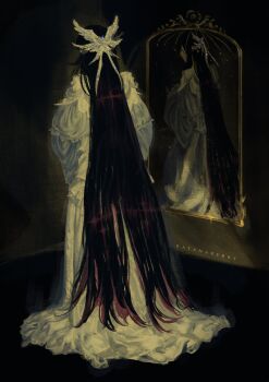 Rule 34 | 1girl, artist name, back, black background, black hair, columbina (genshin impact), dress, faceless, from behind, full body, genshin impact, hair ornament, hashtag-only commentary, highres, indoors, katanaberry, long hair, mirror, multicolored hair, pajamas, purple hair, shadow, signature, simple background, solo, standing, very long hair, white dress